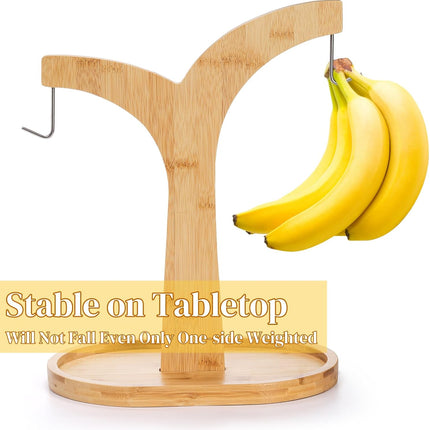 Double Hooks Banana Hanger Stand, 14 Inch Wood Holder, Stable Keeper for Kitchen Countertop.