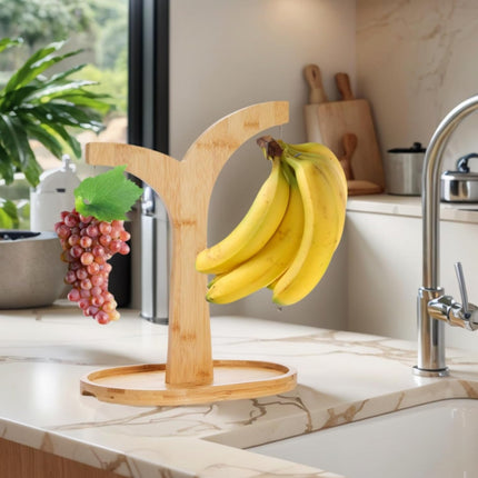 Double Hooks Banana Hanger Stand, 14 Inch Wood Holder, Stable Keeper for Kitchen Countertop.