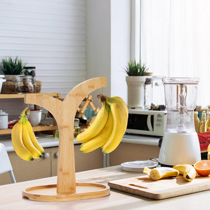 Double Hooks Banana Hanger Stand, 14 Inch Wood Holder, Stable Keeper for Kitchen Countertop.