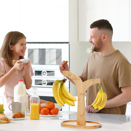 Double Hooks Banana Hanger Stand, 14 Inch Wood Holder, Stable Keeper for Kitchen Countertop.