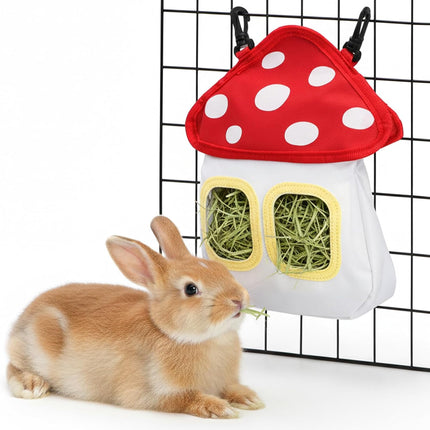 Bunny Hay Feeder Bag, Cute Mushroom Hanging Holder, Durable Dispenser with 600D Oxford Fabric for Guinea Pigs Chinchillas Hamster, Small Animal Cage Accessories.
