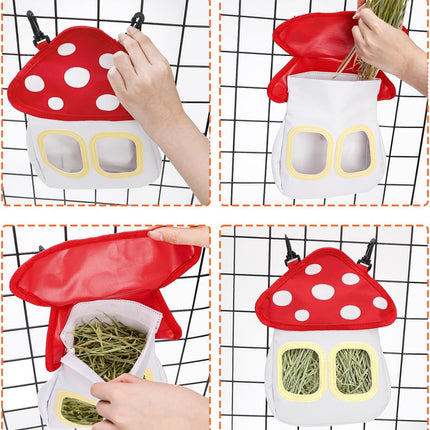 Bunny Hay Feeder Bag, Cute Mushroom Hanging Holder, Durable Dispenser with 600D Oxford Fabric for Guinea Pigs Chinchillas Hamster, Small Animal Cage Accessories.