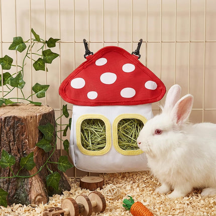 Bunny Hay Feeder Bag, Cute Mushroom Hanging Holder, Durable Dispenser with 600D Oxford Fabric for Guinea Pigs Chinchillas Hamster, Small Animal Cage Accessories.