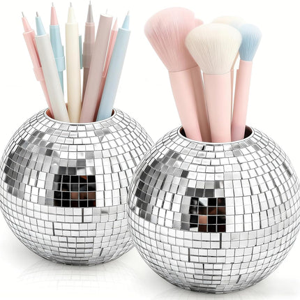 2 Pack Disco Ball Pencil Holder for Desk, 4 Inch Pen Organizer with Silver Sequins, Shiny Plastic Makeup Brush Holder, Sparkling Mirror Glass Flower Pot Cup Home Office Classroom Decor.