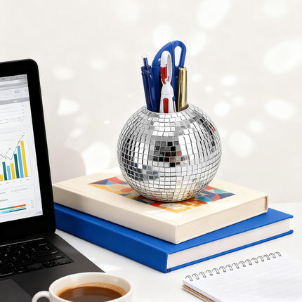 2 Pack Disco Ball Pencil Holder for Desk, 4 Inch Pen Organizer with Silver Sequins, Shiny Plastic Makeup Brush Holder, Sparkling Mirror Glass Flower Pot Cup Home Office Classroom Decor.