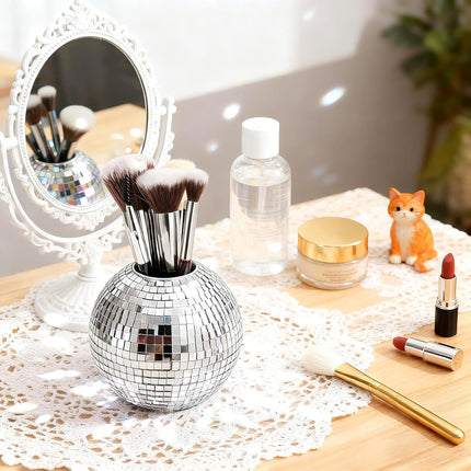 2 Pack Disco Ball Pencil Holder for Desk, 4 Inch Pen Organizer with Silver Sequins, Shiny Plastic Makeup Brush Holder, Sparkling Mirror Glass Flower Pot Cup Home Office Classroom Decor.