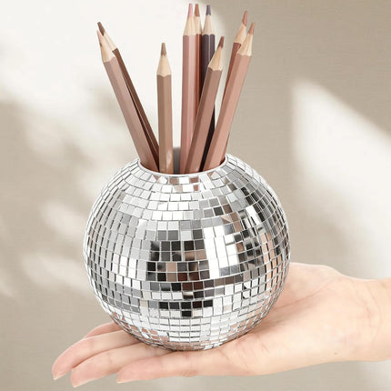 2 Pack Disco Ball Pencil Holder for Desk, 4 Inch Pen Organizer with Silver Sequins, Shiny Plastic Makeup Brush Holder, Sparkling Mirror Glass Flower Pot Cup Home Office Classroom Decor.