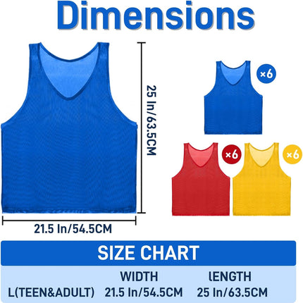 18 Pack Pinnies for Adults, Quick Dry Basketball Practice Jersey, Breathable Mesh Scrimmage Vest Youth Soccer Football Volleyball, 3 Colors.