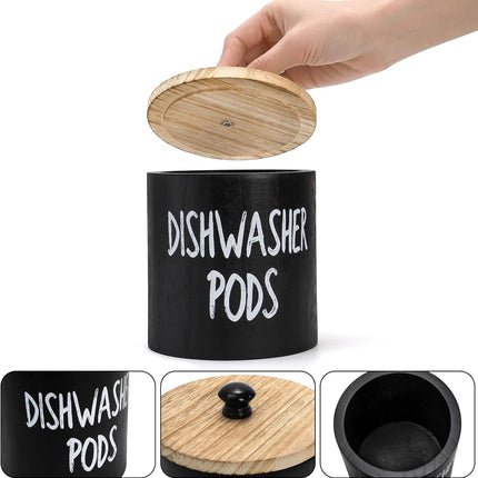 2 Pack Dishwasher Pod Container, Wood Tablet Holder with Lid, Round Laundry Pods Dispenser, Farmhouse Detergent Tin Organizer for Home Kitchen Cabinet Decor, Holds 25 pods.