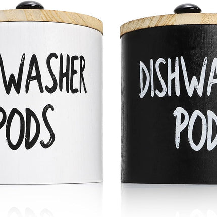 2 Pack Dishwasher Pod Container, Wood Tablet Holder with Lid, Round Laundry Pods Dispenser, Farmhouse Detergent Tin Organizer for Home Kitchen Cabinet Decor, Holds 25 pods.