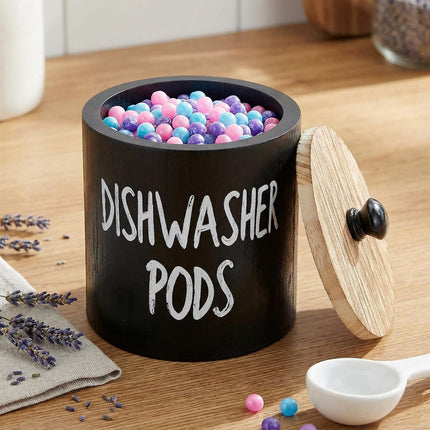 2 Pack Dishwasher Pod Container, Wood Tablet Holder with Lid, Round Laundry Pods Dispenser, Farmhouse Detergent Tin Organizer for Home Kitchen Cabinet Decor, Holds 25 pods.