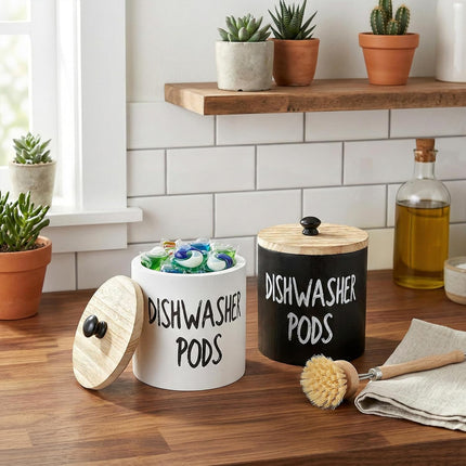 2 Pack Dishwasher Pod Container, Wood Tablet Holder with Lid, Round Laundry Pods Dispenser, Farmhouse Detergent Tin Organizer for Home Kitchen Cabinet Decor, Holds 25 pods.