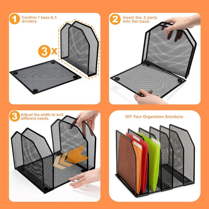 Adjustable Desk File Organizer, 5 Sections Upright Desktop Standing Wire Mesh Paper Divider, Sturdy Metal Folder Sorter for Office Supplies.