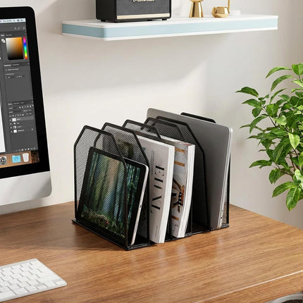 Adjustable Desk File Organizer, 5 Sections Upright Desktop Standing Wire Mesh Paper Divider, Sturdy Metal Folder Sorter for Office Supplies.