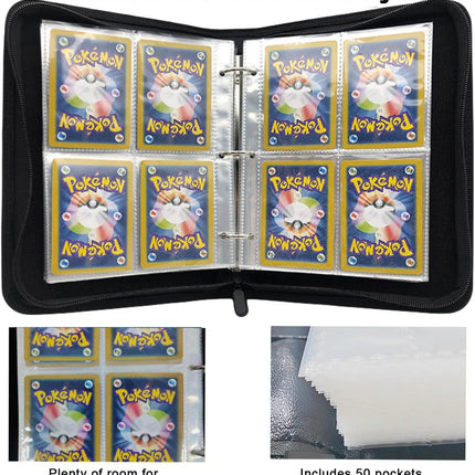 Trading Card Binder 4 Pocket,400 Pockets for Pokemon Cards with Zipper,50 Sleeves Holder Compatible Standard Card,Sport Card,Game Card-Gift Boy and Girl(4-Pockets, Black) Black 4-Pockets.