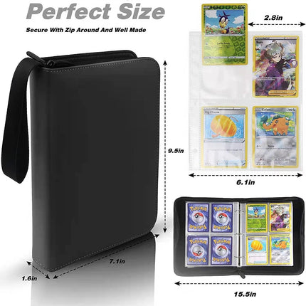 Trading Card Binder 4 Pocket,400 Pockets for Pokemon Cards with Zipper,50 Sleeves Holder Compatible Standard Card,Sport Card,Game Card-Gift Boy and Girl(4-Pockets, Black) Black 4-Pockets.