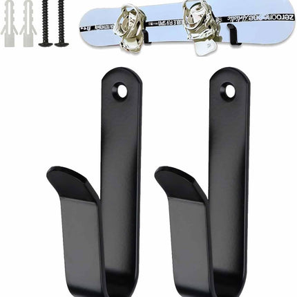 Snowboard Wall Mount & Skateboard Display Rack - Horizontal Hanger Clips for Snowboards, Longboards, Skateboards Space Saving Storage Solution Garage, Bedroom, Living Room (Black, 2 PCS) Black PCS.