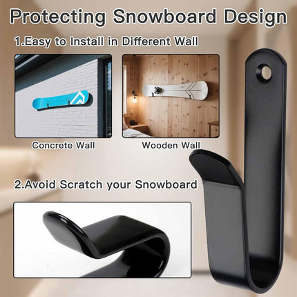 Snowboard Wall Mount & Skateboard Display Rack - Horizontal Hanger Clips for Snowboards, Longboards, Skateboards Space Saving Storage Solution Garage, Bedroom, Living Room (Black, 2 PCS) Black PCS.