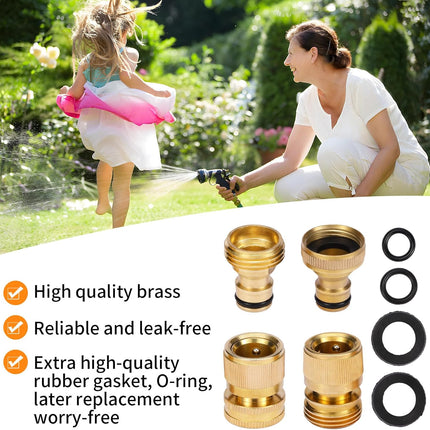Garden Hose Quick Connect Solid Brass Connector Water Connectors Easy Fittings Standard 3/4 inch GHT, 4 Complete Sets female & Male, Free Washers Gaskets.
