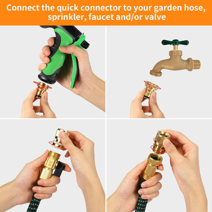 Garden Hose Quick Connect Solid Brass Connector Water Connectors Easy Fittings Standard 3/4 inch GHT, 4 Complete Sets female & Male, Free Washers Gaskets.