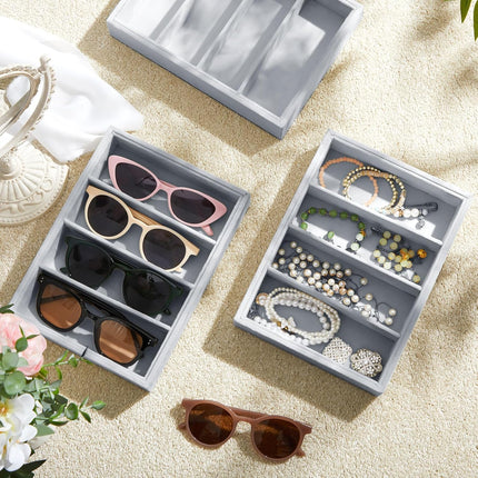 4 Pcs Gray Sunglass Organizer Trays Grids Velvet Glasses Holder Jewelry Display Eyeglasses Storage Box Drawer.