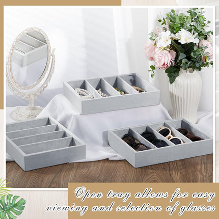 4 Pcs Gray Sunglass Organizer Trays Grids Velvet Glasses Holder Jewelry Display Eyeglasses Storage Box Drawer.