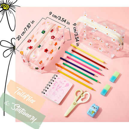 2 Pack Cute Flower Makeup Bags Daisy Zipper Pouches Floral Pencil Pouch Portable Toiletry for Women Travel Vacation Bathroom School Organizing(Daisy).