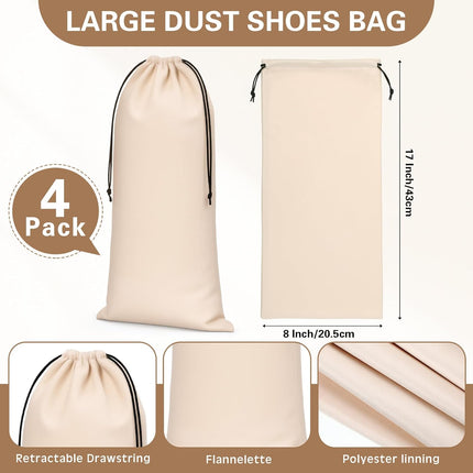 4 Pcs Flannel Cloth Shoe Bags for Travel, 8 x 17 Inches Dust Pouch with Drawstring Closure, Washable Breathable Cotton Fabric Luggage(Beige) Beige.