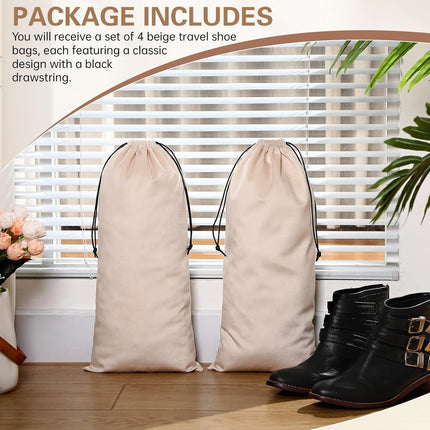 4 Pcs Flannel Cloth Shoe Bags for Travel, 8 x 17 Inches Dust Pouch with Drawstring Closure, Washable Breathable Cotton Fabric Luggage(Beige) Beige.