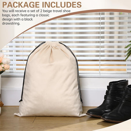 2 Pcs Silky Velvet Shoe Bags for Travel Cloth Dust Pouch with Drawstring Closure Beige Storage Packing Organizers.