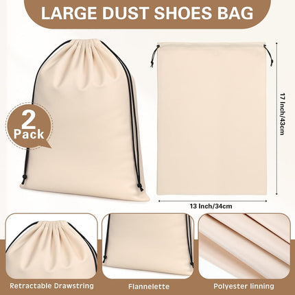2 Pcs Silky Velvet Shoe Bags for Travel Cloth Dust Pouch with Drawstring Closure Beige Storage Packing Organizers.