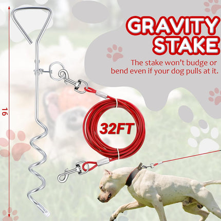 2 Set Dog Tie Out Cable and Stake - 30ft Leash Chain, 16" Spiral for Outside Yard Medium to Large Dogs up 125 Lbs (Red) Red.
