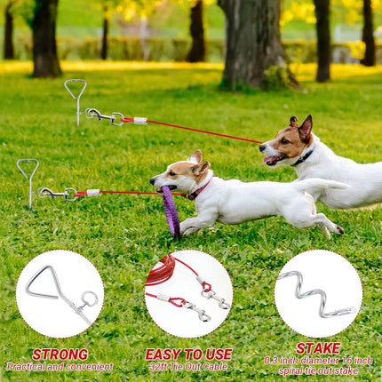 2 Set Dog Tie Out Cable and Stake - 30ft Leash Chain, 16" Spiral for Outside Yard Medium to Large Dogs up 125 Lbs (Red) Red.