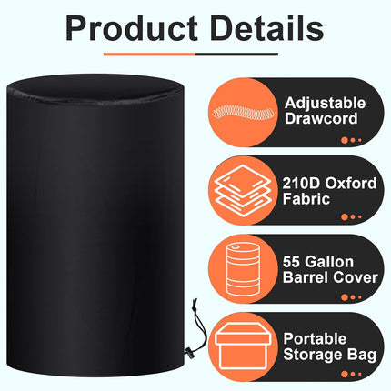 55 Gallon Drum Cover, 210D Oxford Cloth Water Storage Barrel 25 x 37 Inch Outdoor Waterproof Rain Snow Bucket lid with Drawstring, UV Protection, Anti Dust(2 Pcs).