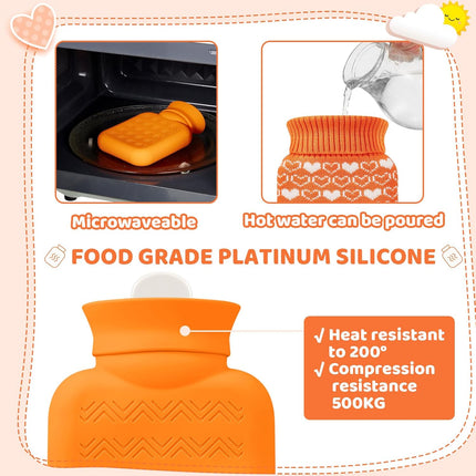 Mini Hot Water Bottle 320ml for & Cold Compress with Cover Silicone Microwave Heating Small Bag Travel Pain Relief Valentine's Day Gifts(Orange) Orange.