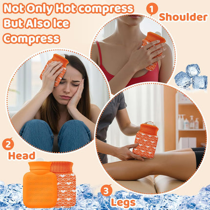 Mini Hot Water Bottle 320ml for & Cold Compress with Cover Silicone Microwave Heating Small Bag Travel Pain Relief Valentine's Day Gifts(Orange) Orange.