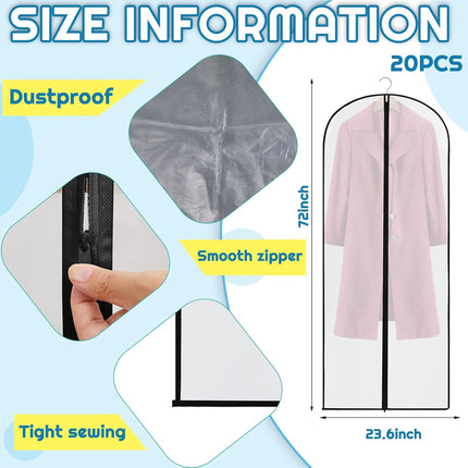 20 Pcs 24 x 72 Inch Garment Bags Bulk Hanging Clothes Storage Covers for Closet Organization Dustproof Transparent Dress Suit Bag Set Wedding Dresses Long Gowns Coats Seasonal Wardrobe White Black.