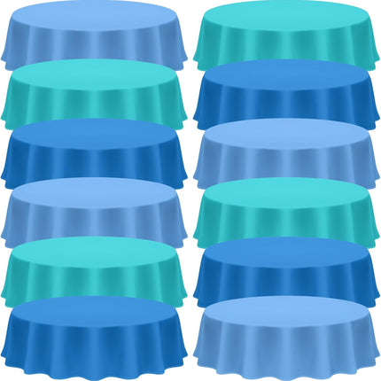 12 Pcs Ocean Theme Round Tablecloth,disposable Assorted Blue Tablecloth, Plastic Light Table Covers for Under the Sea Beach Surf Pool Party Birthday Decoration, 84" Inch.
