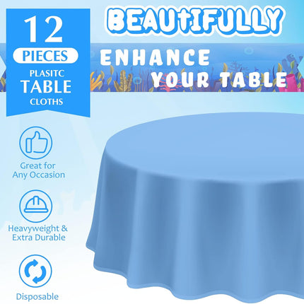 12 Pcs Ocean Theme Round Tablecloth,disposable Assorted Blue Tablecloth, Plastic Light Table Covers for Under the Sea Beach Surf Pool Party Birthday Decoration, 84" Inch.