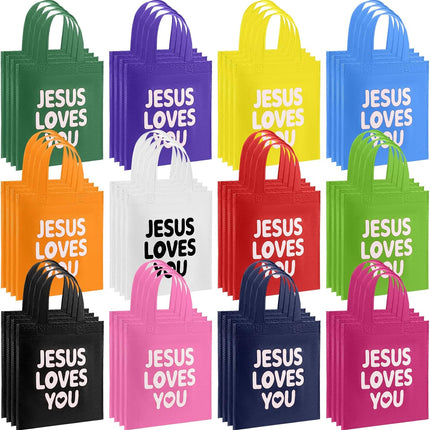 24 Pcs Jesus Loves You Gift Bags Bulk Reusable Christian Religious Bag with Handles Non Woven 9.84 x 11.81 Inch Candy Treat Tote for Easter VBS Church Sunday School Birthday Multicolor 1 Count (Pack.
