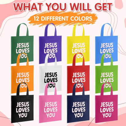 24 Pcs Jesus Loves You Gift Bags Bulk Reusable Christian Religious Bag with Handles Non Woven 9.84 x 11.81 Inch Candy Treat Tote for Easter VBS Church Sunday School Birthday Multicolor 1 Count (Pack.