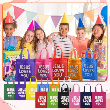 24 Pcs Jesus Loves You Gift Bags Bulk Reusable Christian Religious Bag with Handles Non Woven 9.84 x 11.81 Inch Candy Treat Tote for Easter VBS Church Sunday School Birthday Multicolor 1 Count (Pack.