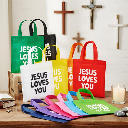 24 Pcs Jesus Loves You Gift Bags Bulk Reusable Christian Religious Bag with Handles Non Woven 9.84 x 11.81 Inch Candy Treat Tote for Easter VBS Church Sunday School Birthday Multicolor 1 Count (Pack.