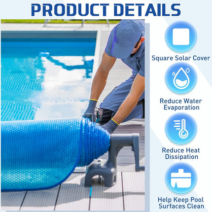 8 x ft Pool Hot Tub Solar Cover, 16 Mil Heavy Duty Trimmable Floating Thermal Blanket Spa Bubble Cover for Inground Pools Swimming Insulating Heating  Feet.