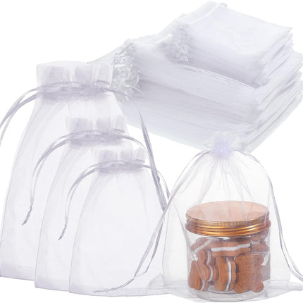 100 Pcs White Organza Bags Bulk Sheer Mesh Gift with Drawstring for Wedding Party Supplies Eid Mubarak Candy Fruit Jewelry(4 x 6 In, 7 9 8 12 In)  4 In.