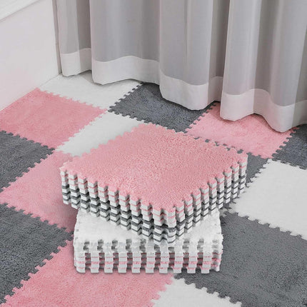 72 Pieces Plush Foam Floor Mat Square Interlocking Carpet Tiles with Border 12 x 0.4 in Fluffy Play Soft Climbing Area Rugs for Home Playroom(White, Gray, Pink) White, Pink.