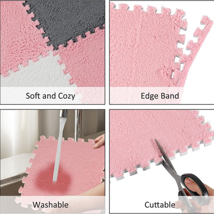 72 Pieces Plush Foam Floor Mat Square Interlocking Carpet Tiles with Border 12 x 0.4 in Fluffy Play Soft Climbing Area Rugs for Home Playroom(White, Gray, Pink) White, Pink.