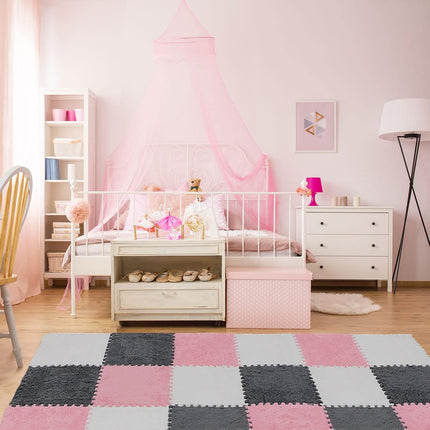 72 Pieces Plush Foam Floor Mat Square Interlocking Carpet Tiles with Border 12 x 0.4 in Fluffy Play Soft Climbing Area Rugs for Home Playroom(White, Gray, Pink) White, Pink.