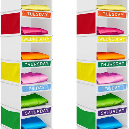 2 Pcs 7 Shelf Weekly Clothes Organizer for Kids Hanging Closet 11. 8 x 50 Inches Daily Activity Storage Drawers Cube Shelves(White) White.