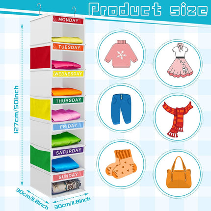 2 Pcs 7 Shelf Weekly Clothes Organizer for Kids Hanging Closet 11. 8 x 50 Inches Daily Activity Storage Drawers Cube Shelves(White) White.